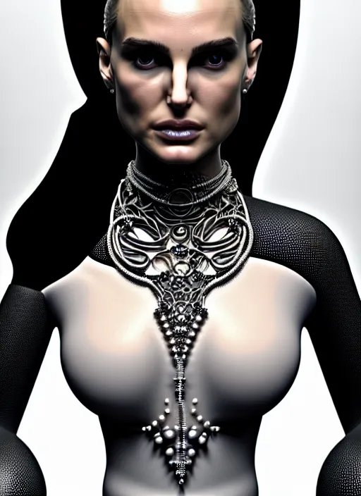 Image similar to bust of an absurdly beautiful, graceful, sophisticated, fashionable futuristic woman, facial piercings, natalie portman, heavy body modification, prosthetic implants, hyperdetailed by popovy sisters, intricate linework, white porcelain skin, faberge, intricate chrome headdress, dark atmosphere, unreal engine 5 highly rendered, global illumination, radiant light, detailed and intricate environment