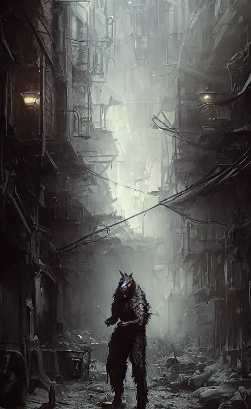 Prompt: hyperrealistic, Portrait of a werewolf in a dark alley, torn clothing, fantasy, urban, highly detailed, cinematic lighting, digital art painting by greg rutkowski