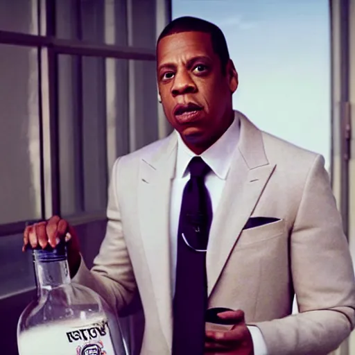 Image similar to cinematic shot of jay - z wearing a suit and standing in a fancy penthouse holding a jug of milk, 8 k, very detailed, very intricate,