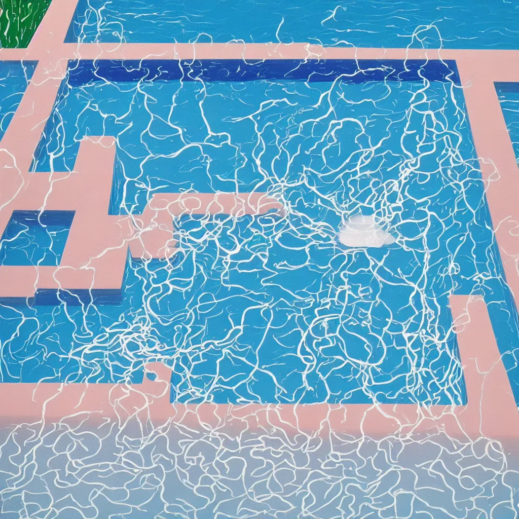 Prompt: A computer levitating above a pool with a white splash, in style of A Bigger Splash, 1967 painting by David Hockney