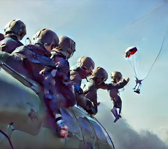 Prompt: five parachutists go to the plane, portrait, painting by craig mullins, octane rendering, soft morning lighting, wide angle lens, in the style of hayao miyazaki, trending on artstation,