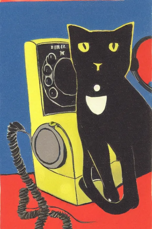 Prompt: black cat sitting next to vintage telephone, art by rosina wachtmeister