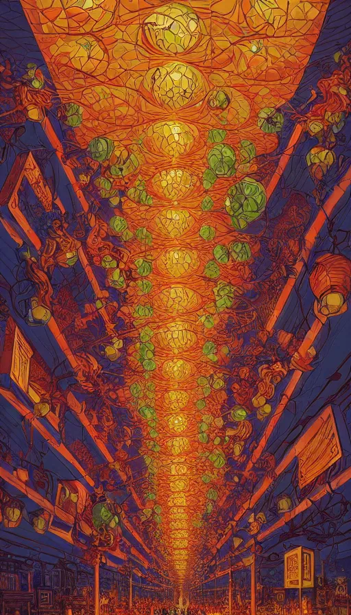 Prompt: The land of luminous lanterns, italian futurism, Dan Mumford, da vinci, Josan Gonzalez