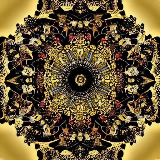 Image similar to a beautiful mandala made of ivory and gold, highly intricate, digital art, very detailed, in the style of a weird and dark eerie liminal art nouveau flemish painting, 8k,