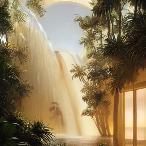 Prompt: waterfall, indoor liminal space, golden light, greg rutkowski, palm trees, pink door, minimalistic, hyperrealistic surrealism, award winning masterpiece with incredible details, epic stunning, infinity pool mirrors, a surreal vaporwave liminal space with mirrors, highly detailed, trending on artstation, artgerm and greg rutkowski and alphonse mucha, daily deviation