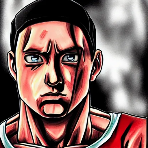 Prompt: eminem drawn in the style of dragon ball z