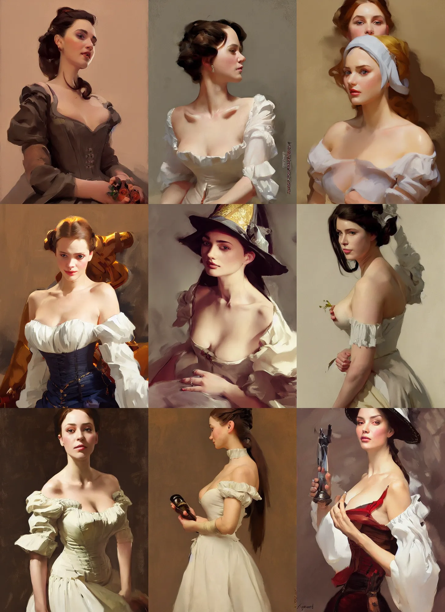 Image similar to portrait of a beautiful ukrainian russian attractive glamour model wearing 1 7 th century french off - the - shoulder neckline bodice with low neckline, jodhpurs greg manchess painting by sargent and leyendecker, studio ghibli fantasy medium shot asymmetrical intricate elegant matte painting illustration hearthstone, by greg rutkowski by greg tocchini by james gilleard