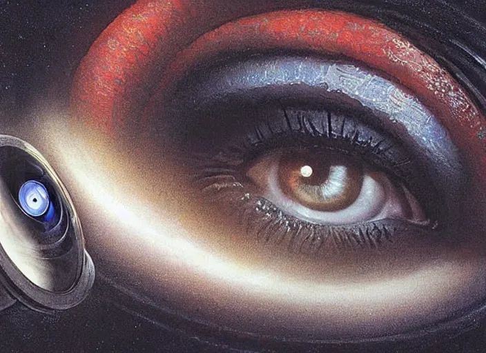 Prompt: cameras with eyes as lenses film a frightened couple embracing by john howe and stanley, sci - fi, 2 0 0 1 space odyssey, reimagined by industrial light and magic