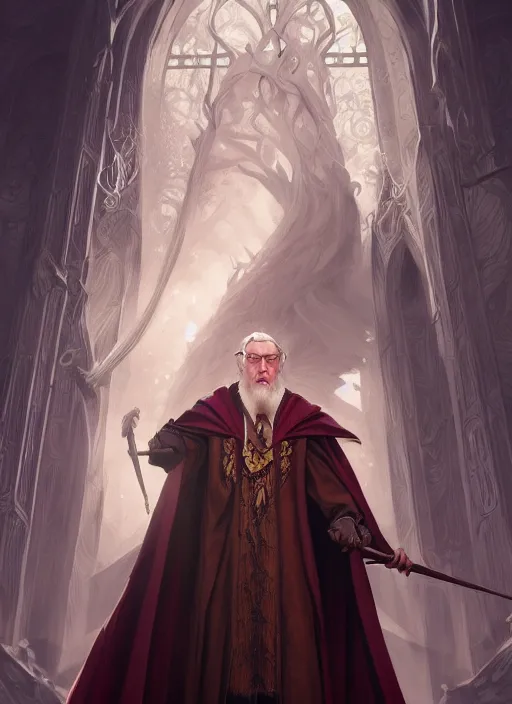 Image similar to dumbledore, d & d, fantasy, intricate, elegant, highly detailed, digital painting, artstation, concept art, matte, sharp focus, illustration, hearthstone, art by artgerm and greg rutkowski and alphonse mucha