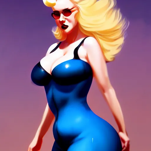 Image similar to rockabilly curvy woman blond hair blue eyes, digital art, cinematic, concept art, 8k, painting, imaginefx, cgsociety, trending on artstation, wide shot, full shot