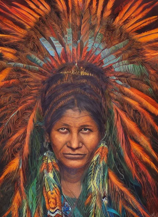 Image similar to a beautiful painting of an indigenous mother with open arms, facing camera, matte painting, fantasy art, ayahuasca, highly detailed
