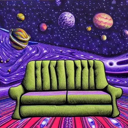 Image similar to psychedelic trippy couch in space, planets, milky way, sofa, cartoon by rob gonsalves