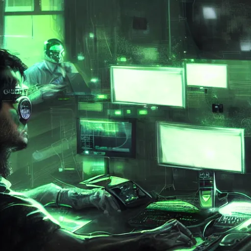 Image similar to a hacker sitting at his computer with green glare by raymond swanland, highly detailed