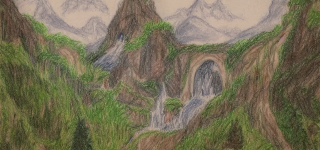 Prompt: Rivendell poorly drawn in crayon by a five-year old