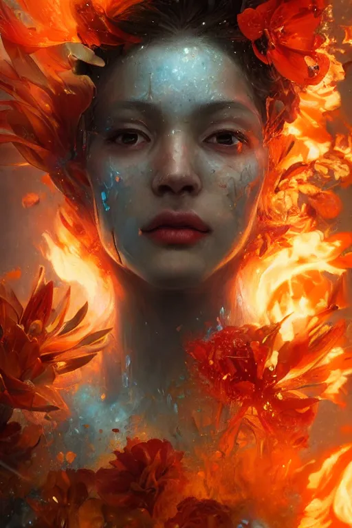 Image similar to abstract face closeup of beautiful girl covered with fire and water, 3 d render, hyper realistic detailed portrait, holding magic flowers, ruan jia, wlop. scifi, fantasy, hyper detailed, octane render, concept art, by peter mohrbacher, by wlop, by ruan jia