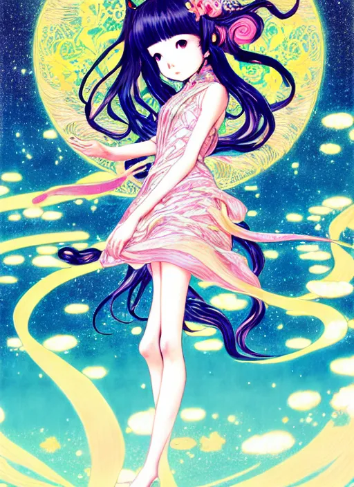 Prompt: exquisite imaginative manga poster of a girl, cats, long wavy hair, rococo dress, shimmering, by kojima ayami, shigenori soejima, minaba hideo,, jump comics, shogakukan, art nouveau, illustration, artstation, highly detailed, 8 k, fluorescent, maximalist