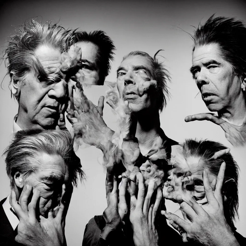 Prompt: award winning photo of DAVID LYNCH AND NICK CAVE tripping on lsd and smoking weed, vivid colors, happy, symmetrical face, beautiful eyes, studio lighting, wide shot art by Sally Mann & Arnold Newman