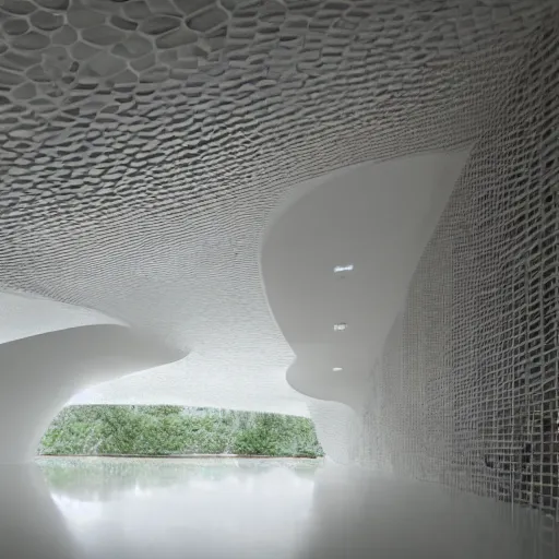 Prompt: a large room with surreal minimalist architecture partially flooded by slightly green water, liminal space, made of all white ceramic tiles, surreal, hallways, rounded ceiling, stairs,
