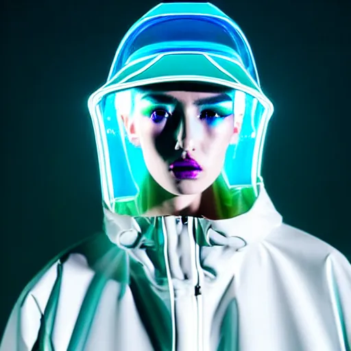 Image similar to an ultra high definition professional studio quality portrait photograph of an artificial celebrity cyberpunk pop star wearing a transparent iridescent perspex pastel coloured face visor and matching raincoat in an empty white room. dramatic lighting. volumetric shadows. light rays