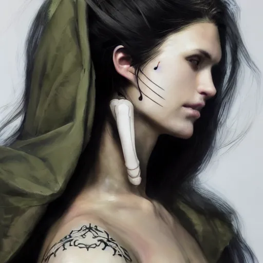 Image similar to tattoo design, a professional painting of a beautiful young female, partially clothed in battle armor, olive skin, long dark hair, beautiful bone structure, symmetrical facial features, intricate, elegant, digital painting, concept art, smooth, sharp focus, illustration, from Metal Gear, by Ruan Jia and Mandy Jurgens and Greg Rutkowski and Artgerm and William-Adolphe Bouguerea and artgerm, cat girl, anime