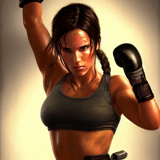 Image similar to Portrait of Tomb Raider wearing boxing gloves, intricate upper body , whole body, highly detailed, digital painting, artstation, concept art, smooth, sharp focus, illustration, art by Hajime Sorayama