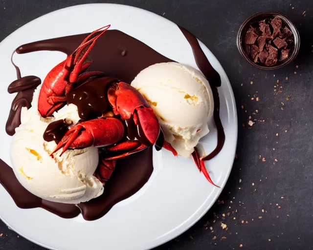 Image similar to dslr food photograph of vanilla ice cream with crawfish, some chocolate sauce, 8 5 mm f 1. 4