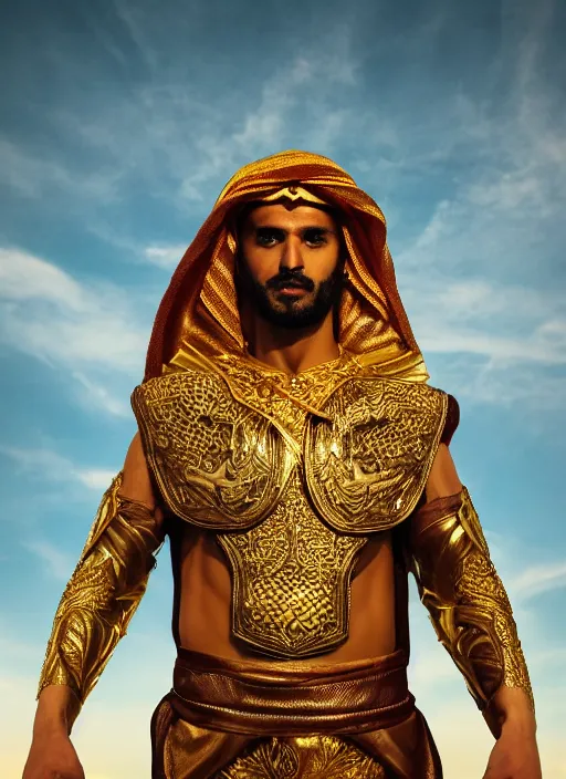 Prompt: portrait of sheikh ruler of dubai, djinn, head and torso only, cinematic lighting, studio quality, godly, comic book, 4 k, active, scenic, fury, fiery, dramatic entry