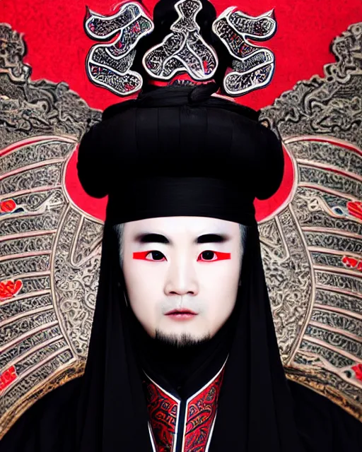 Image similar to photo of a Dramatic Peking Opera male character with arabic text calligraphy words painted on face in the style of stefan kostic, realistic, sharp focus, symmetric, 8k high definition, insanely detailed, intricate, elegant, art by stanley lau and artgerm, William-Adolphe Bouguereau