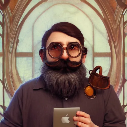 Image similar to chill gnome - like man, long brown beard, oversized brown mustache, macbook on his lap, wispy smoke, whimsical, art nouveau, photorealistic, octane render, unreal engine, mucha, magritte, artgerm, greg rutkowski, trending on artstation, super detailed, 8 k, control the soul