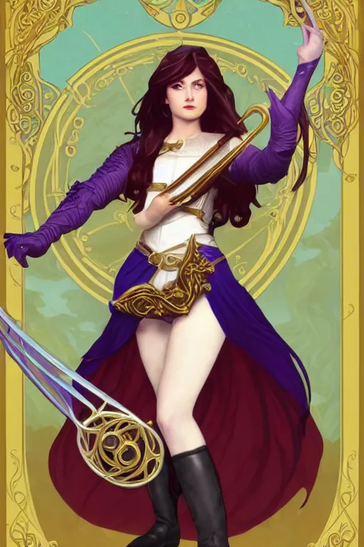 Prompt: Full body Portrait of a beautiful young bard lady, carrying an onrnamental Golden lyre, light borwn hair, White skin, dark Blue eyes, purple leather garments, leather boots, fingerless gloves, high fantasy, magic music, dungeons and dragons, blizzard entertainment, industrial light and magic, pixar, mucha, trending on Artstation, artstationHD, artstationHQ