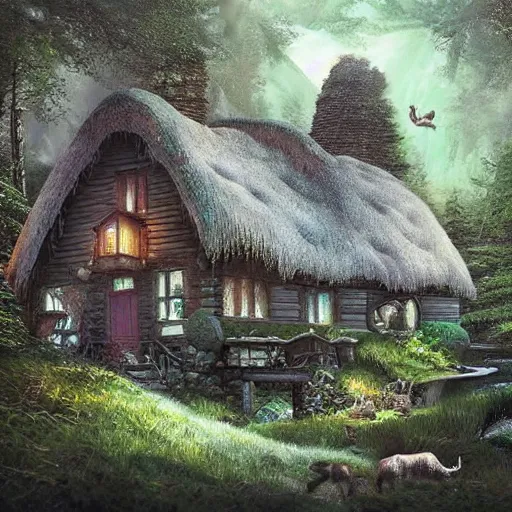Prompt: a cottage in the woods, fantasy art, detailed, hyper-realistic, cinematic