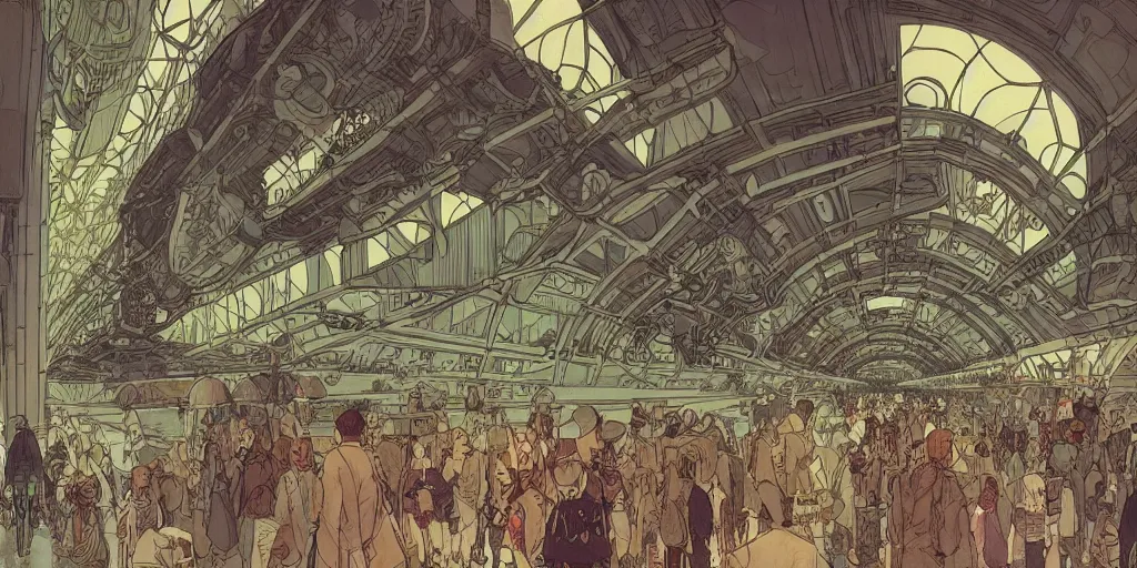 Image similar to wide angle view on steampunk airplane hallway, kid and mad scientist walking, giant video screens, sci - fi, big interior plants, retrofuturism, concept art by mucha and moebius and victo ngai, architecture by francois schuiten, clean line, diesel punk, artstation