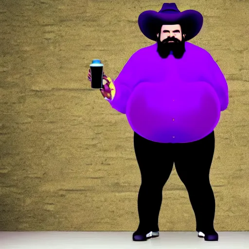 Prompt: hyperreal morbidly obese 2000kilo snake oil salesman wearing authentic purple green sip tech cowboy augmentation and curly snake moustache, fat man standing in front of blank background
