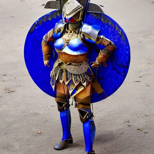 Image similar to full body photo of a female warrior with lapis lazuli armour