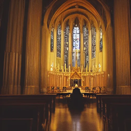 Image similar to man in large throne room of grand cathedral, sitting alone, shadows, fantasy, wallpaper