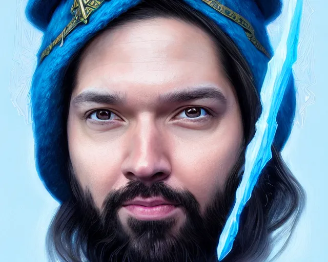 Image similar to mindblowing portrait of alexis ohanian as a wizard, blue wizard hat, deep focus, symmetrical face, d & d, fantasy, intricate, elegant, highly detailed, digital painting, artstation, concept art, matte, sharp, illustration, hearthstone, art by artgerm and greg rutkowski and alphonse mucha
