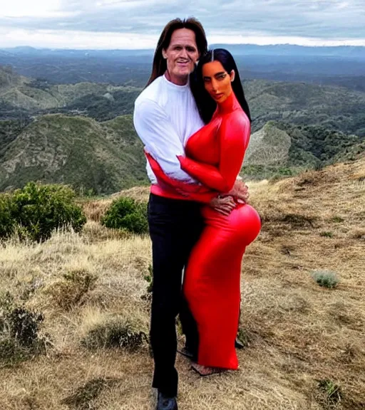 Image similar to jim carrey hugging kim kardashian as he holds her waist, on a scenic hill