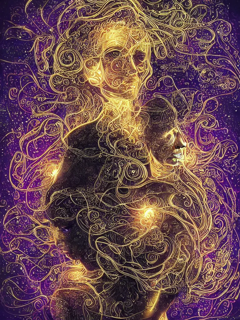 Prompt: an intricate visionary depiction of a beautiful glowing enlightened female being transcending beyond the physical boundaries of space and time