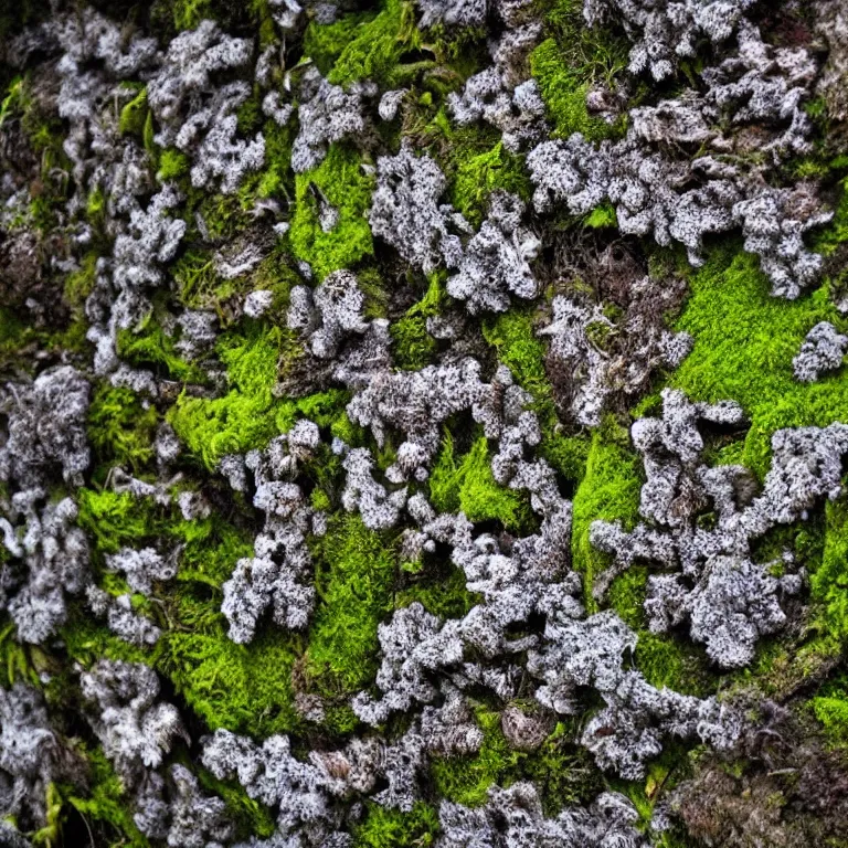 Image similar to a drawn picture lichens and moss close-up various fungus, mushrooms and plants, Atmospheric phenomenon, artistic photography, muted colors, conceptual, long exposure outside the city