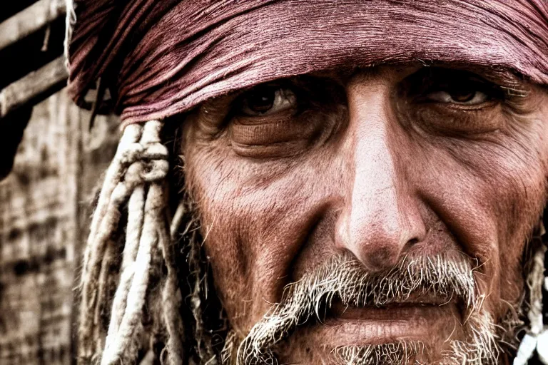 Image similar to closeup old pirate on an old pirate ship, by emmanuel lubezki