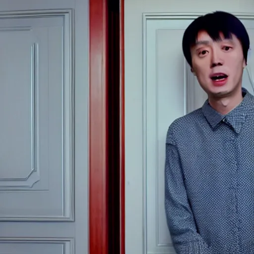 Image similar to ceo of binance changpeng zhao as shelley duvall in the iconic shining movie door axe