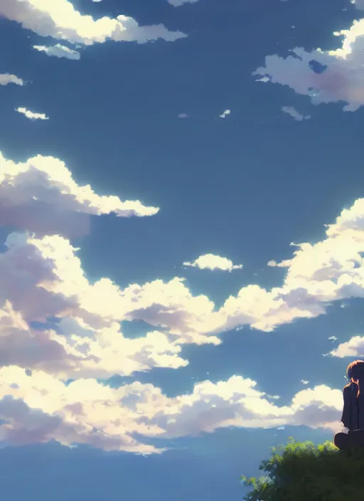 Prompt: daydreaming student, blue sky, daydreams appearing in the clouds, by makoto shinkai
