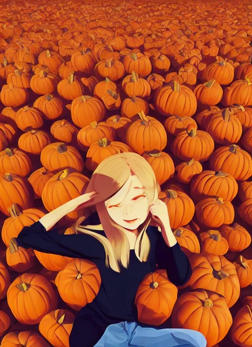 Prompt: little girl with long blonde hair sitting on a pile of pumpkins. clean cel shaded vector art. shutterstock. behance hd by lois van baarle, artgerm, helen huang, by makoto shinkai and ilya kuvshinov, rossdraws, illustration, art by ilya kuvshinov