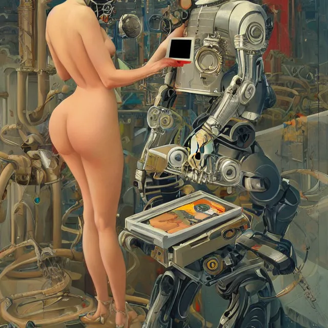 Image similar to robot artist painting a self - portrait on a canvas. intricate, highly detailed, digital matte painting in the style of gil elvgren and in the style of sachin teng and in the style of h. r. giger. irony, recursion, inspiration.