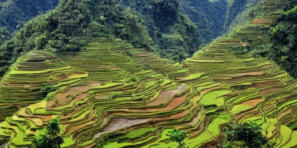 Image similar to a photo of Ifugao rice terraces in the Philippines with futuristic and modern farming equipment and alien structures