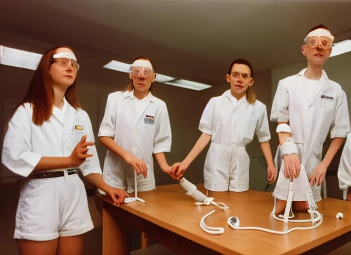 Prompt: realistic photo of a three young scientists wearing white shorts, cone heads, casting a levitating thunderbolt, in a spacious living room sci - fi laboratory with many wooden gadgets made of wood interior is made of wood 1 9 9 0, life magazine reportage photo, natural colors