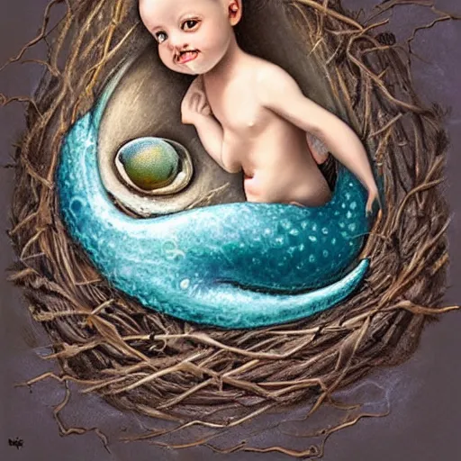 Image similar to baby mermaid next to a cracked egg in a nest, realistic, high detailed, fantasy art