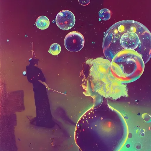 Image similar to surreal gouache painting, yoshitaka amano, ruan jia, conrad roset, kilian eng, balls, bubbles, orbs, spheres, incredibly detailed, of floating molecules and a mannequin artist holding an icosahedron with stars, clouds, and rainbows in the background, retrowave, modular patterned mechanical costume headpiece, artstation