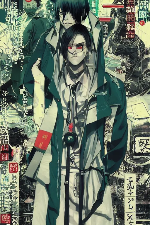 Prompt: professionally drawn seinen mature cyberpunk detective horror action manga comic cover about hinduism buddhism reincarnation cyborgs, full color, beautifully drawn coherent professional, drawn by ilya kuvshinov, ilya kuvshinov, satoshi kon and tsutomu nihei. japanese script kanji hiragana on the cover. minimalist stylized cover art. blue green cel shaded