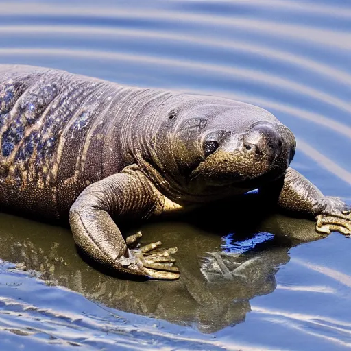 Image similar to A medium, hybrid, bipedal amphibian with a manatee head, no ears, and a long jaw containing four sharp fangs